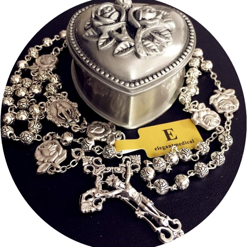 Handmade Silver Rose Beads Catholic Rosary 5 Decades Cross Gift Box Italy - Picture 2 of 9